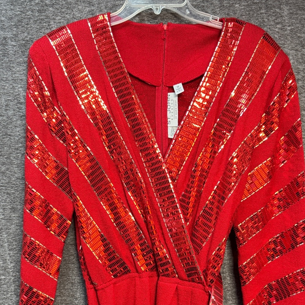 St. John by Marie Gray Red Sequin Long Sleeve Sweater Dress - Picture 5 of 8